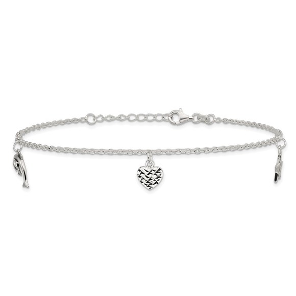 925 Sterling Silver Heart, Star and Dolphin Charms 9" + 1" Ext Jewelry Anklet - Picture 3 of 7
